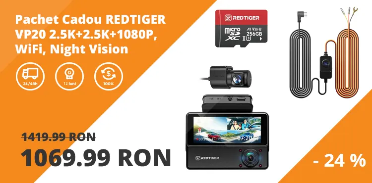 Pachet Cadou REDTIGER VP20 2.5K+2.5K+1080P, WiFi, Night Vision, ecran tactil, 530°, GPS