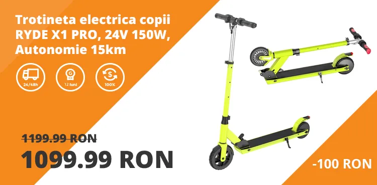 Trotineta electrica copii RYDE X1 PRO, 24V 150W, Baterie 5.0Ah, Autonomie 15km, Protectie IPX4, 3 trepte de viteza, Frana Electrica+Mecanica, Viteza maxima 18 km/h, Greutate maxima 75kg