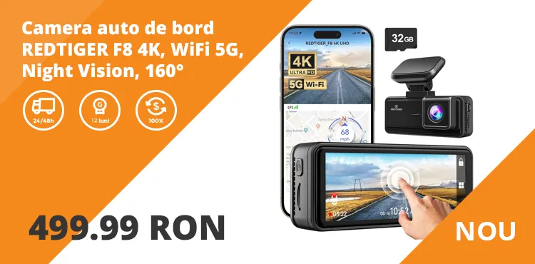 Camera auto de bord REDTIGER F8 4K, WiFi 5G, Night Vision, 160°, ecran tactil 3.18", GPS, aplicatie dedicata, G-sensor si monitorizare parcare