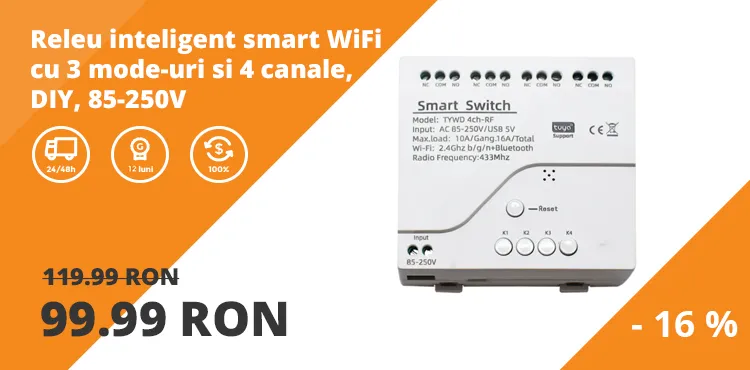 Releu inteligent smart WiFi cu 3 mode-uri si 4 canale, DIY, 85-250V, compatibil Tuya/SmartLife