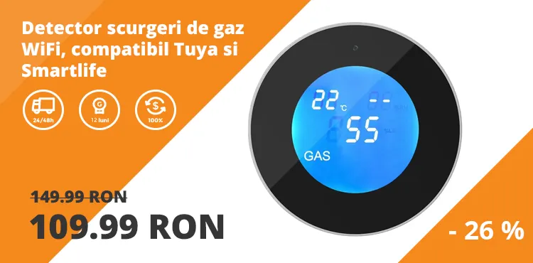 Detector scurgeri de gaz WiFi, compatibil Tuya si Smartlife