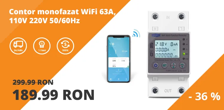Contor monofazat inteligent WiFi 63A, 110V 220V 50/60Hz, cu functie de protectie impotriva pierderii curentului