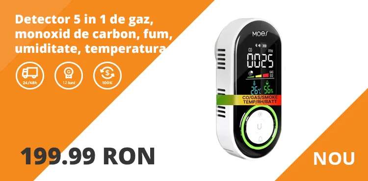 Detector 5 in 1 de gaz, monoxid de carbon, fum, umiditate si temperatura, cu alarma vocala, afisaj digital, alimentare la priza si baterie de rezerva
