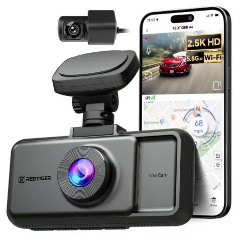 Camera auto de bord tripla REDTIGER A6 2.5K, WiFi, Night Vision, GPS, aplicatie dedicata, G-sensor si monitorizare parcare