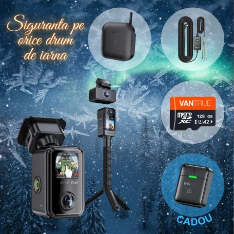 Pachet Cadou Craciun Vantrue E360 ACE Panoramica 360° 5.2K 30 FPS, WiFi, Dual HDR