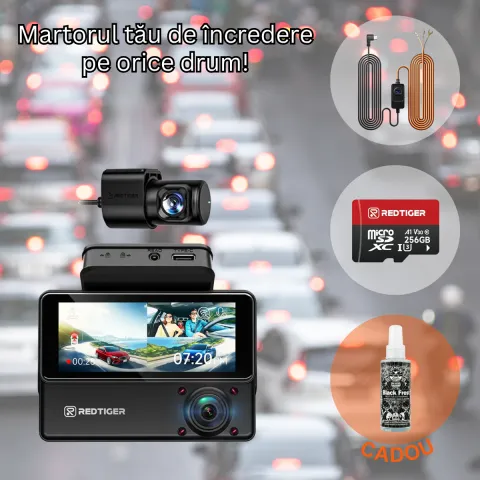 Pachet Cadou REDTIGER VP20 2.5K+2.5K+1080P, WiFi, Night Vision, ecran tactil, 530°, GPS