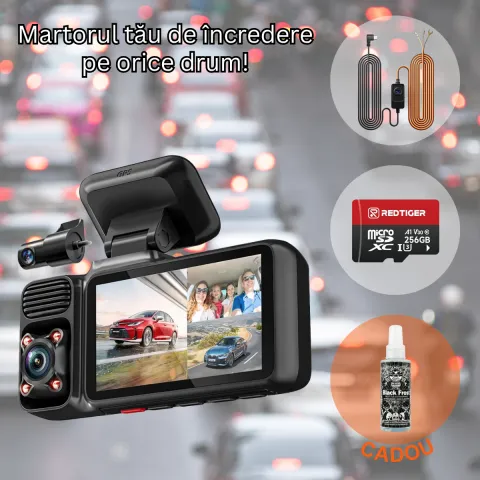 Pachet Cadou REDTIGER F17 Elite 4K+1080P+1080P, WiFi 6, Night Vision Color, ecran tactil 3”, GPS