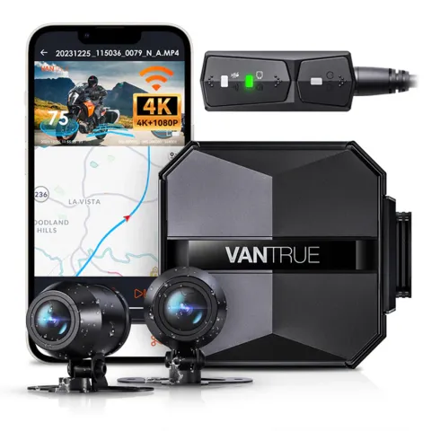 Camera de bord pentru motocicleta Vantrue F1 fata-spate cu WiFi 5GHz, 4K + 1080P, HDR + WDR, impermeabila IP67, Night Vision, GPS si monitorizare parcare