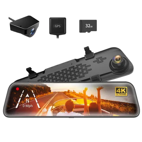 Camera auto tip oglinda, duala fata-spate Wolfbox G840S 2160P, Night Vision, 170°, ecran tactil 12”, GPS, G-Senzor, monitorizare parcare, Card 32GB inclus
