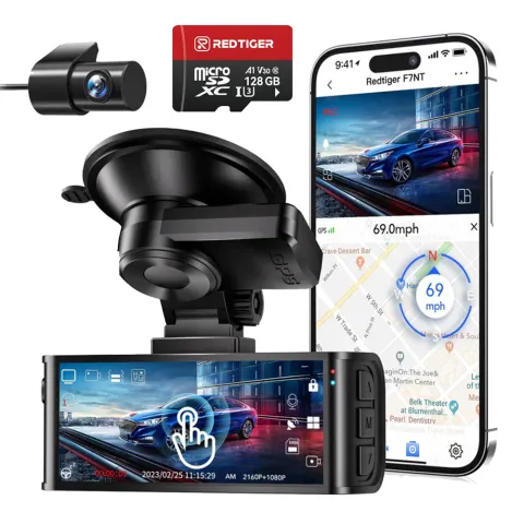 Camera auto de bord fata-spate REDTIGER F7N Touch 4K+FHD, WiFi, Night Vision, 170°, ecran tactil IPS 3.18", GPS, aplicatie dedicata, G-sensor si monitorizare parcare