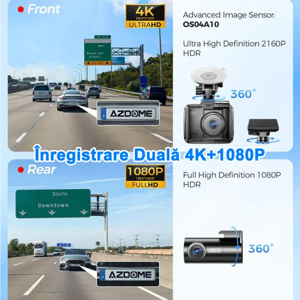 Camera auto de bord fata-spate, AZDOME GS63 Pro 4K + 2.5K, WiFi, Night Vision + WDR, 170°, GPS, aplicatie dedicata, Senzor-G si monitorizare parcare