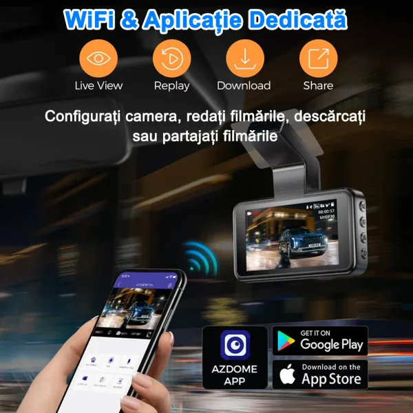 Camera auto de bord AZDOME M17 FHD 1080P, WiFi, Night Vision, 150°, ecran 3", aplicatie dedicata, G-sensor si monitorizare parcare