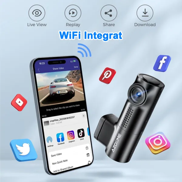 Camera auto de bord AZDOME M330 FHD 1080P, WiFi, WDR Night Vision, 170°, ecran 0.96", aplicatie dedicata, G-sensor si monitorizare parcare