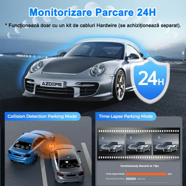 Camera auto de bord AZDOME M330 FHD 1080P, WiFi, WDR Night Vision, 170°, ecran 0.96", aplicatie dedicata, G-sensor si monitorizare parcare