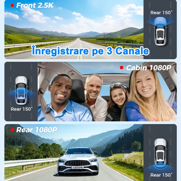 Camera auto de bord AZDOME M550 Pro cu 3 canale 4K, WiFi 5G, WDR Night Vision, 150°, ecran IPS 3.19", GPS, aplicatie dedicata, G-sensor si monitorizare parcare