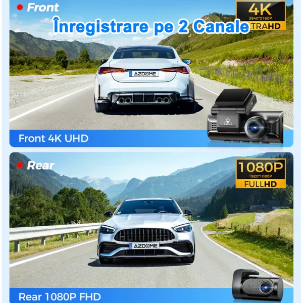 Camera auto de bord AZDOME M550 Pro cu 3 canale 4K, WiFi 5G, WDR Night Vision, 150°, ecran IPS 3.19", GPS, aplicatie dedicata, G-sensor si monitorizare parcare
