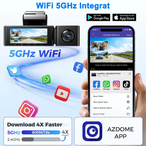 Camera auto de bord AZDOME M550 Pro cu 3 canale 4K, WiFi 5G, WDR Night Vision, 150°, ecran IPS 3.19", GPS, aplicatie dedicata, G-sensor si monitorizare parcare