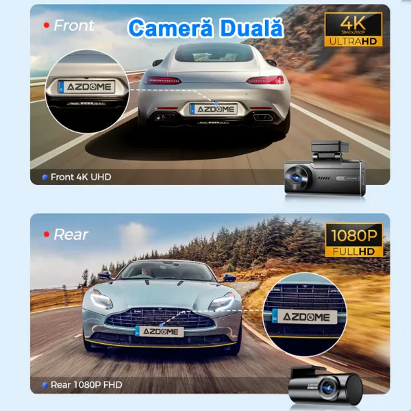 Camera auto de bord AZDOME M580 cu 2 canale 5K, WiFi 5G, WDR Night Vision, 150°, ecran IPS 4", GPS, aplicatie dedicata, G-sensor si monitorizare parcare