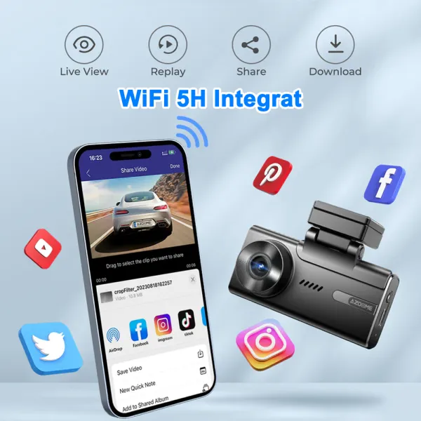 Camera auto de bord AZDOME M580 cu 2 canale 5K, WiFi 5G, WDR Night Vision, 150°, ecran IPS 4", GPS, aplicatie dedicata, G-sensor si monitorizare parcare