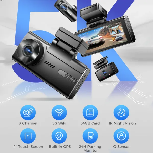 Camera auto de bord AZDOME M580 cu 3 canale 5K, WiFi 5G, WDR Night Vision, 150°, ecran IPS 4", GPS, aplicatie dedicata, G-sensor si monitorizare parcare