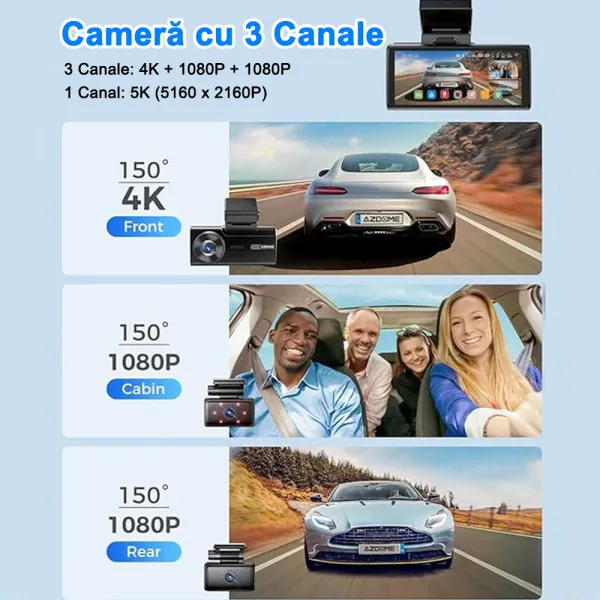 Camera auto de bord AZDOME M580 cu 3 canale 5K, WiFi 5G, WDR Night Vision, 150°, ecran IPS 4", GPS, aplicatie dedicata, G-sensor si monitorizare parcare