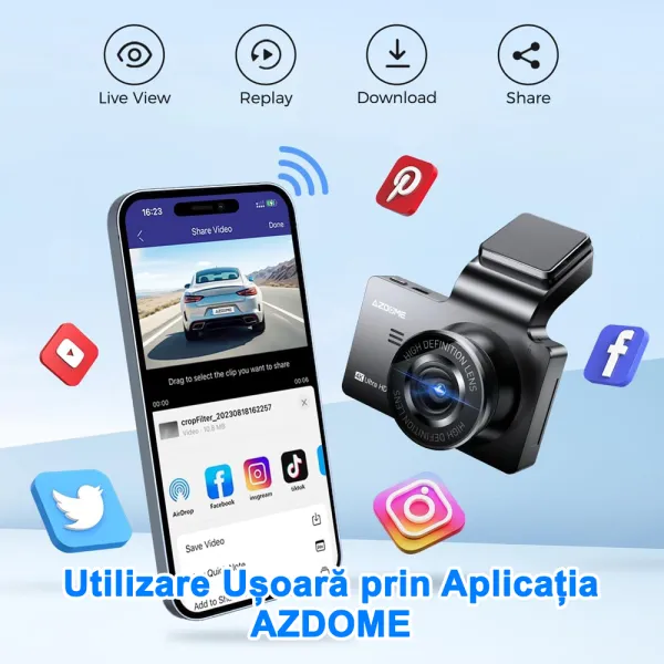 Camera auto de bord AZDOME M63 Lite 4K 2160P, WiFi, WDR Night Vision, 170°, ecran IPS 3&quot;, aplicatie dedicata, G-sensor si monitorizare parcare