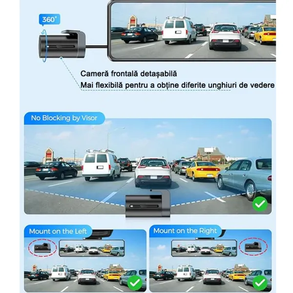 Camera auto de bord tip oglinda, fata-spate, AZDOME PG18S 4K+FullHD, ecran tactil IPS 12&quot;, WDR, 150°, aplicatie dedicata, G-Senzor si monitorizare parcare