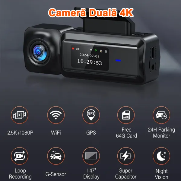 Camera auto de bord Bestsee M33 cu 2 canale 4K, WiFi, Super Night Vision, 170°, ecran 1.47&quot; si aplicatie dedicata, G-sensor si monitorizare parcare