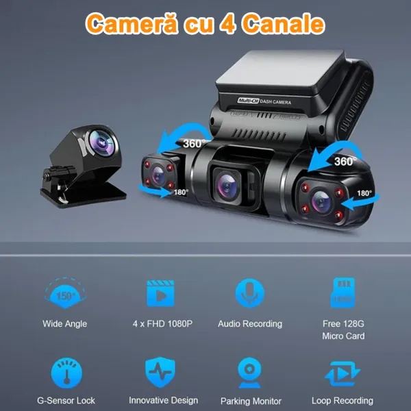 Camera auto de bord cu 4 canale PRUVEEO D90 FHD, WiFi, Night Vision, 150°, ecran LCD 3&quot;, GPS, aplicatie dedicata, G-sensor si monitorizare parcare