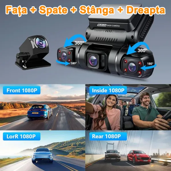 Camera auto de bord cu 4 canale PRUVEEO D90 FHD, WiFi, Night Vision, 150°, ecran LCD 3&quot;, GPS, aplicatie dedicata, G-sensor si monitorizare parcare