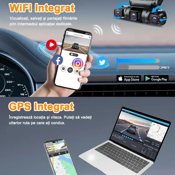 Camera auto de bord cu 4 canale PRUVEEO D90 FHD, WiFi, Night Vision, 150°, ecran LCD 3&quot;, GPS, aplicatie dedicata, G-sensor si monitorizare parcare