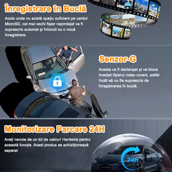 Camera auto de bord cu 4 canale PRUVEEO D90 FHD, WiFi, Night Vision, 150°, ecran LCD 3&quot;, GPS, aplicatie dedicata, G-sensor si monitorizare parcare