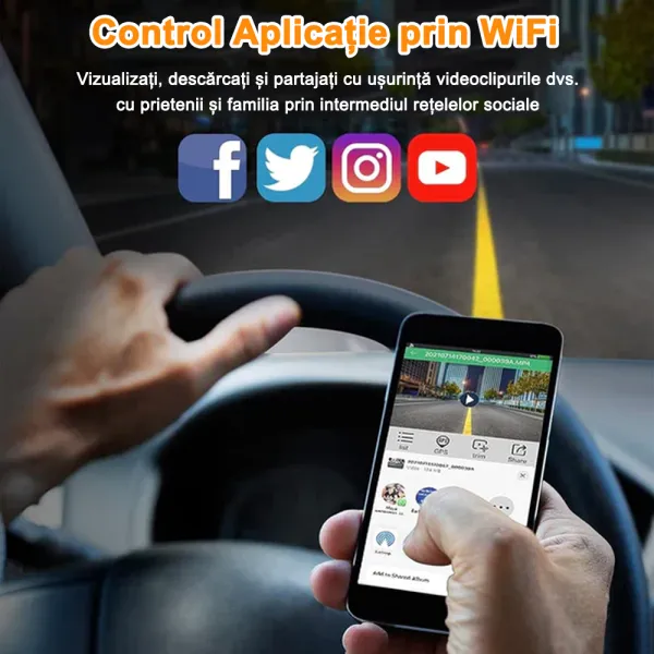 Camera auto de bord cu 4 canale PRUVEEO D90 Mini FHD, WiFi, Night Vision, 150°, ecran LCD 2&quot;, GPS, aplicatie dedicata, G-sensor si monitorizare parcare