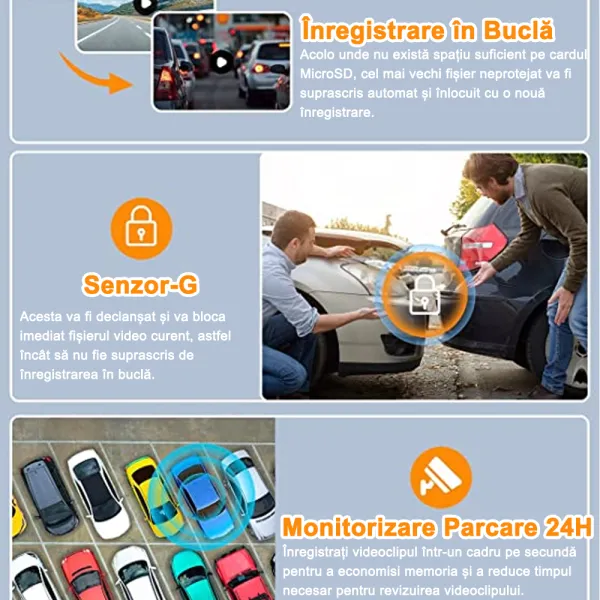 Camera auto de bord cu 4 canale PRUVEEO D90 Mini FHD, WiFi, Night Vision, 150°, ecran LCD 2&quot;, GPS, aplicatie dedicata, G-sensor si monitorizare parcare