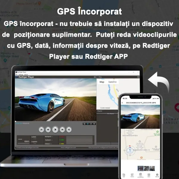 Camera auto de bord fata-spate REDTIGER F7N 4K+FHD, WiFi, Night Vision, 170°, ecran IPS 3.18&quot;, GPS, aplicatie dedicata, G-sensor si monitorizare parcare, Card 64GB inclus