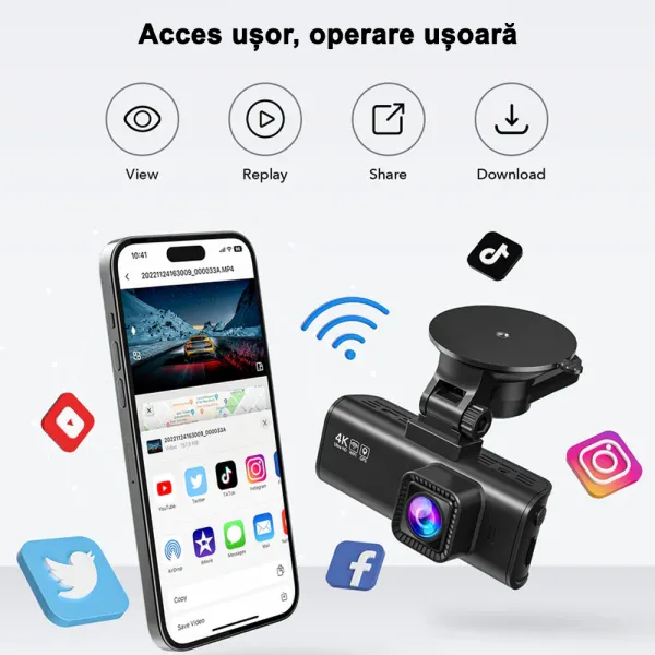 Camera auto de bord fata-spate REDTIGER F7NP 4K+FHD, WiFi, Night Vision, 170°