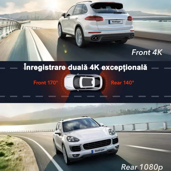 Camera auto de bord duala REDTIGER F9 4K+1080P, WiFi, Night Vision, 170°, GPS