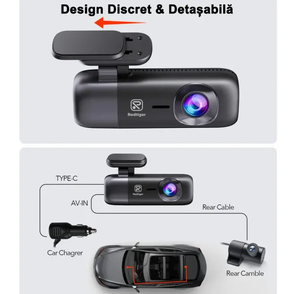 Camera auto de bord duala REDTIGER F9 4K+1080P, WiFi, Night Vision, 170°, GPS