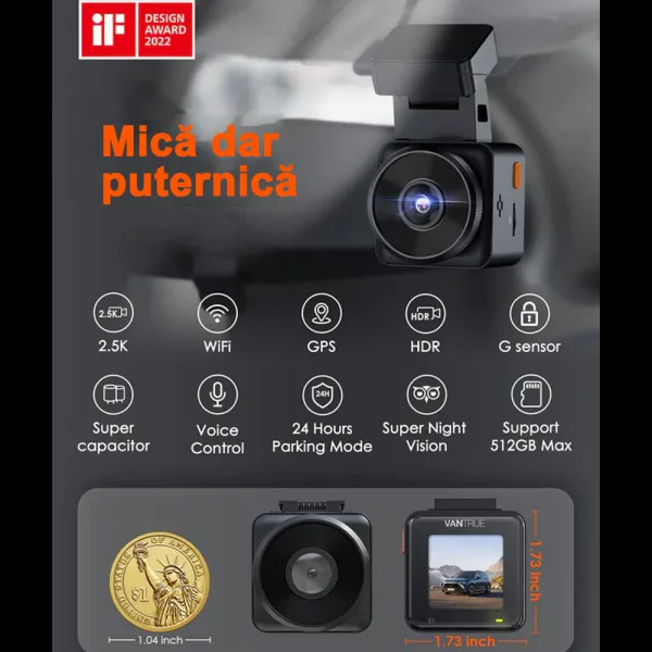 Camera auto de bord Vantrue E1, WiFi 2.7K 1440P HDR/60fps, telecomanda control vocal, Night Vision 160°, ecran 1.54", GPS, G-sensor si monitorizare parcare