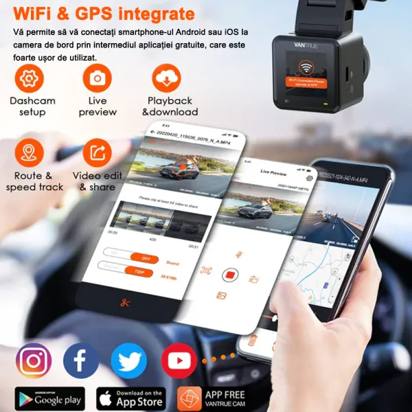 Camera auto de bord Vantrue E1, WiFi 2.7K 1440P HDR/60fps, telecomanda control vocal, Night Vision 160°, ecran 1.54", GPS, G-sensor si monitorizare parcare