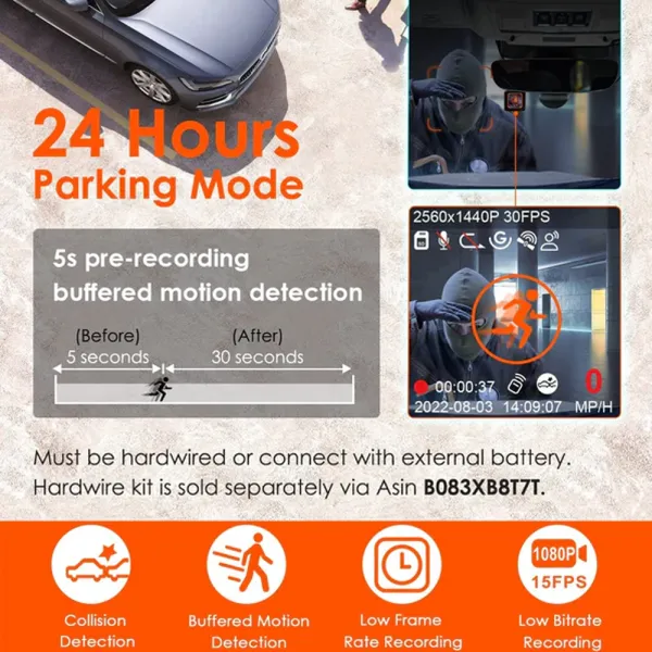 Camera auto de bord Vantrue E1, WiFi 2.7K 1440P HDR/60fps, telecomanda control vocal, Night Vision 160°, ecran 1.54", GPS, G-sensor si monitorizare parcare