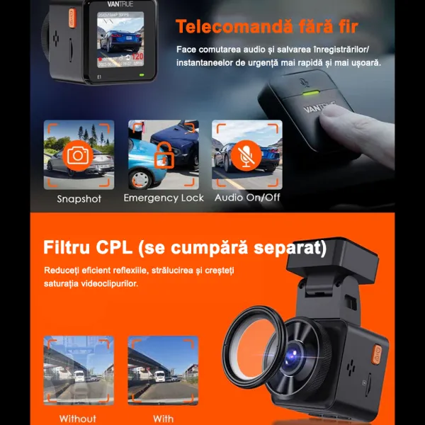 Camera auto de bord Vantrue E1, WiFi 2.7K 1440P HDR/60fps, telecomanda control vocal, Night Vision 160°, ecran 1.54", GPS, G-sensor si monitorizare parcare