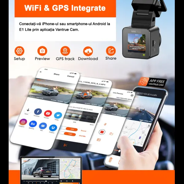 Camera auto de bord Vantrue E1 Lite Mini, WiFi 1080P HDR/30fps, cu control vocal, Night Vision 160°, ecran 1.54&quot;, GPS, G-sensor si monitorizare parcare