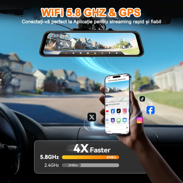 Camera auto tip oglinda fata-spate Wolfbox G850 PRO 4K, WiFi Night Vision, 170°, ecran tactil 12”, GPS, G-Senzor, monitorizare parcare, Card 64GB inclus