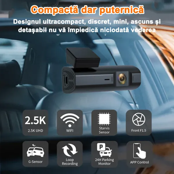 Camera auto de bord Wolfbox i03 2.5K 1600P, WiFi, Night Vision, 170°, ecran 1&quot;, aplicatie dedicata, G-sensor si monitorizare parcare