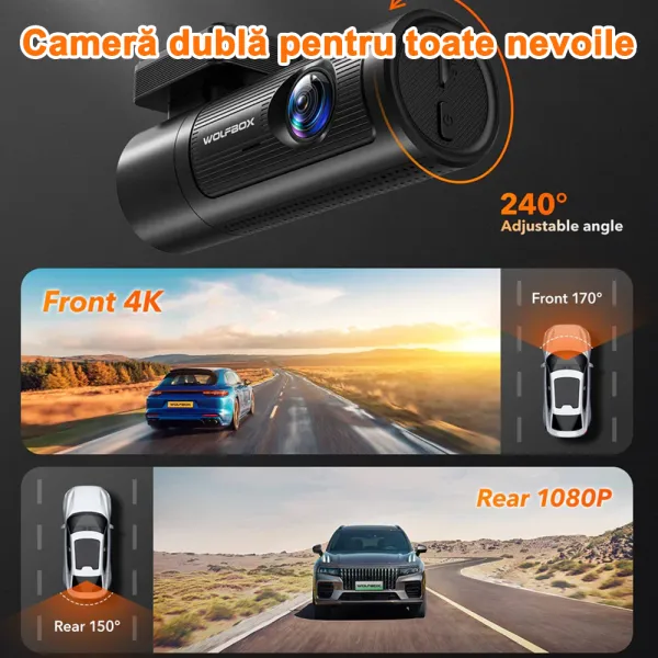 Camera auto de bord Wolfbox i05 4K+1080P, WiFi, Night Vision, 170°, GPS, aplicatie dedicata, G-sensor si monitorizare parcare