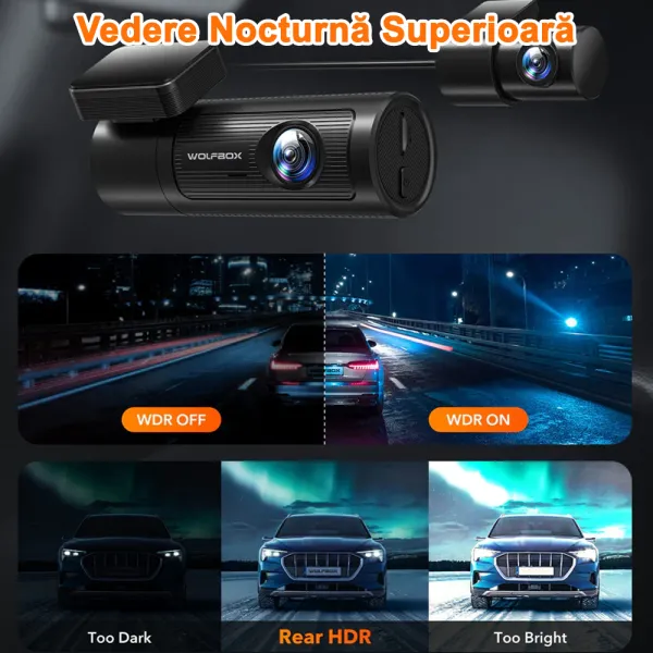 Camera auto de bord Wolfbox i05 4K+1080P, WiFi, Night Vision, 170°, GPS, aplicatie dedicata, G-sensor si monitorizare parcare
