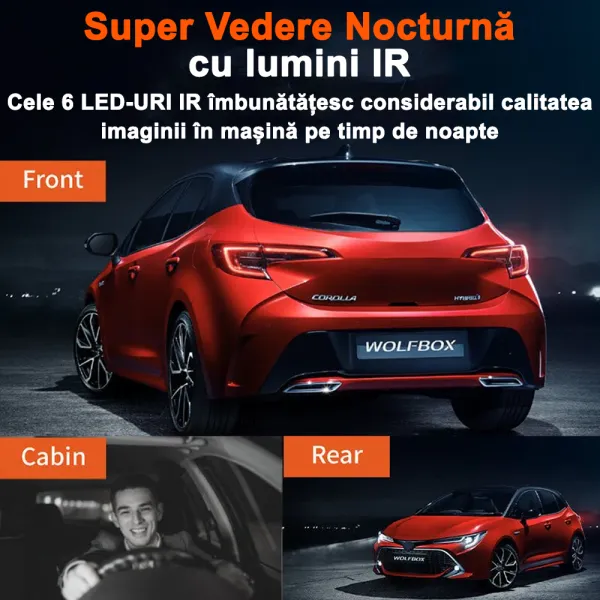 Camera auto de bord Wolfbox i07 4K+1080P, WiFi, Super IR Night Vision, 150°, ecran 3", GPS, aplicatie dedicata, G-sensor si monitorizare parcare