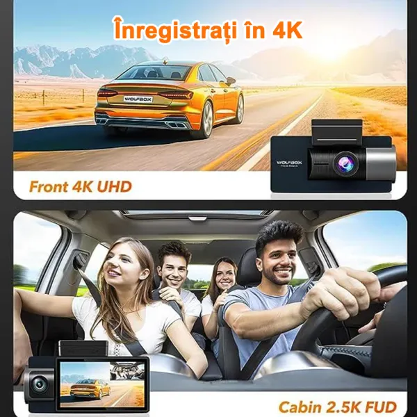 Camera auto de bord Wolfbox i17 cu 3 canale 4K+1080P+1080P, WiFi 5G, Super IR Night Vision, 150°, ecran 3&quot;, GPS, aplicatie dedicata, G-sensor si monitorizare parcare