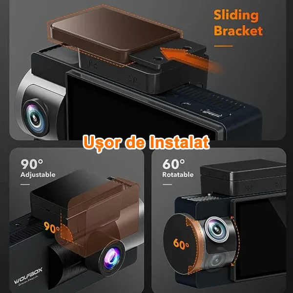 Camera auto de bord Wolfbox i17 cu 3 canale 4K+1080P+1080P, WiFi 5G, Super IR Night Vision, 150°, ecran 3&quot;, GPS, aplicatie dedicata, G-sensor si monitorizare parcare